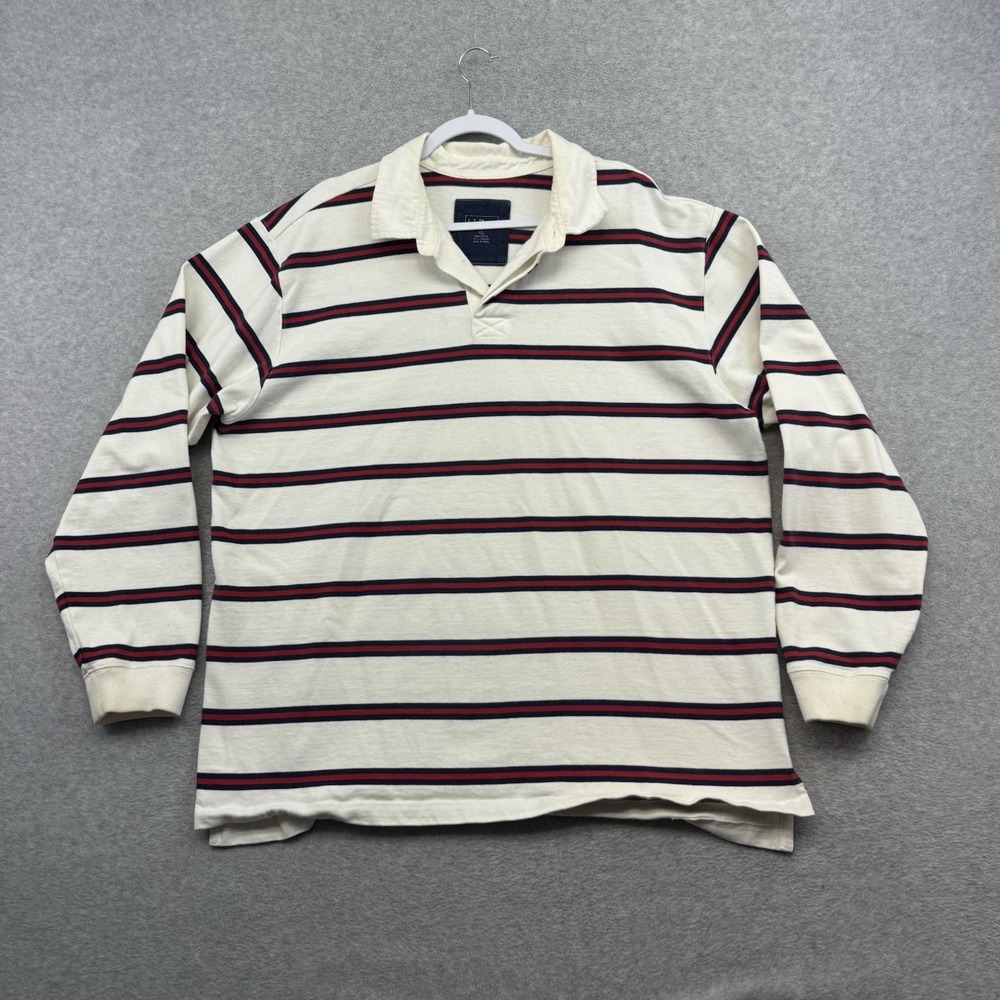 LL Bean Rugby Polo Shirt Men XL White Striped Long Sleeve Preppy Heavyweight